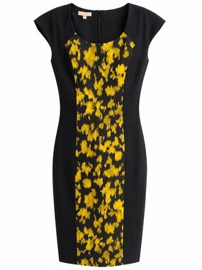 Michael Kors Black and Yellow Printed Panel Sheath Dress